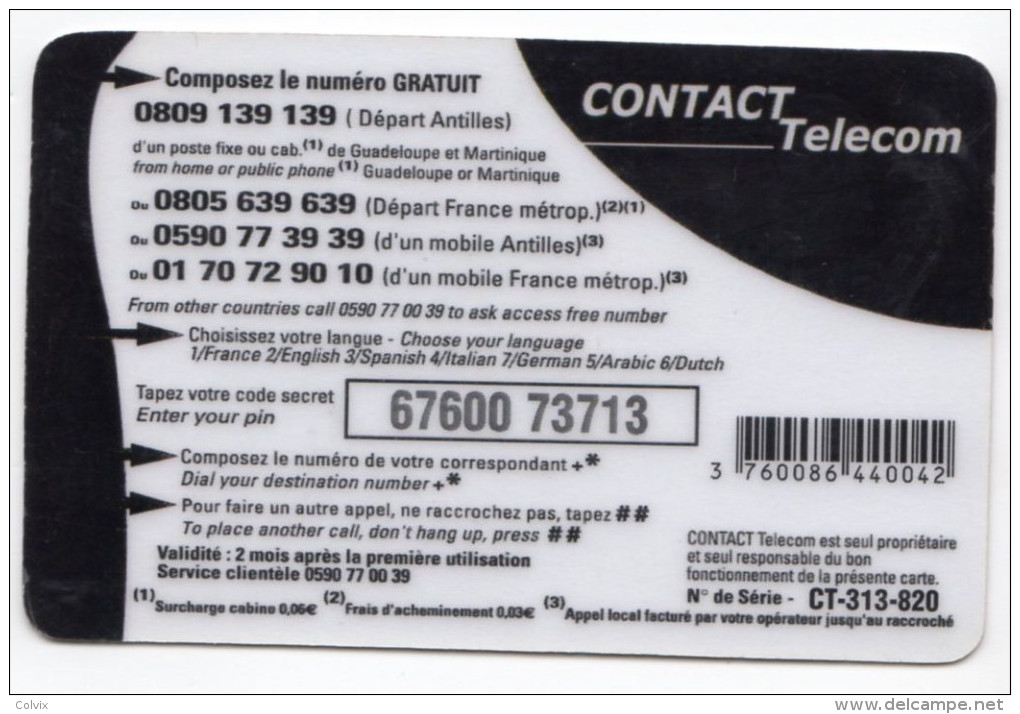 GUADELOUPE CONTACT TELECOM Ref MV CARD ANTF CT2 7,5€ - Antilles (French)