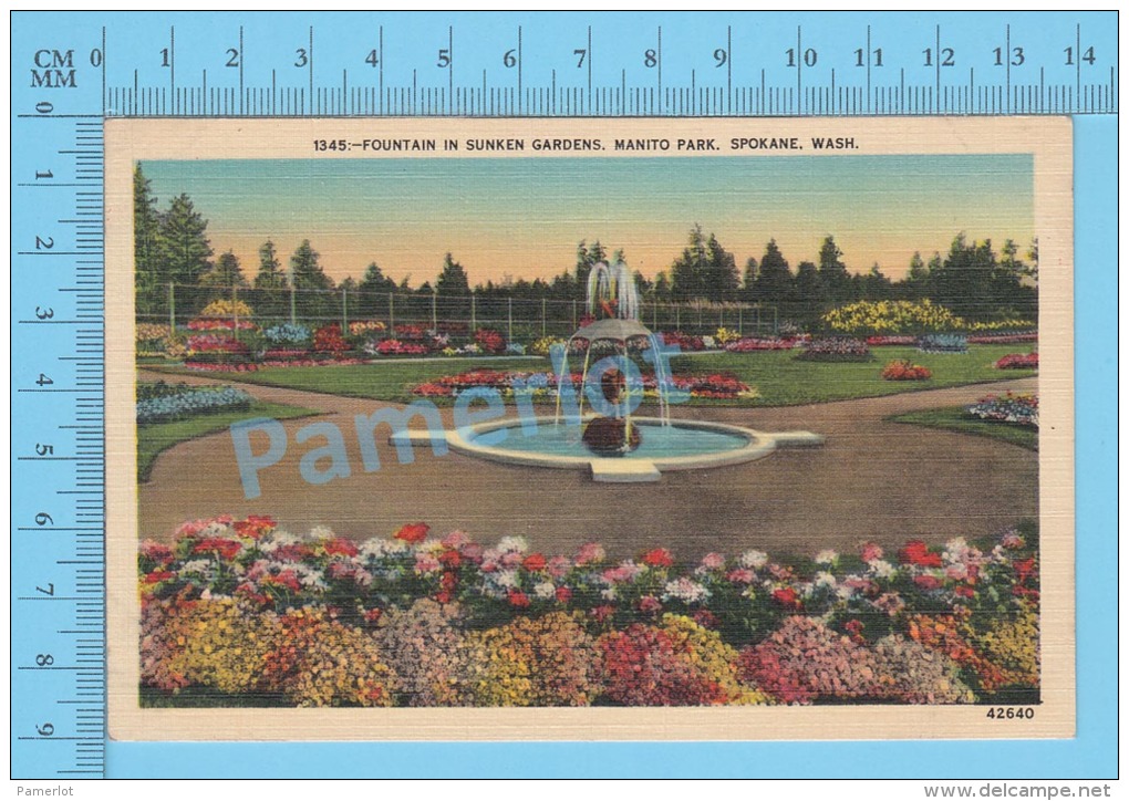 CPSM, Washington (  Fountain In Sunken, Manito Park, Spokane ) Linen Postcard Recto/Verso - Spokane