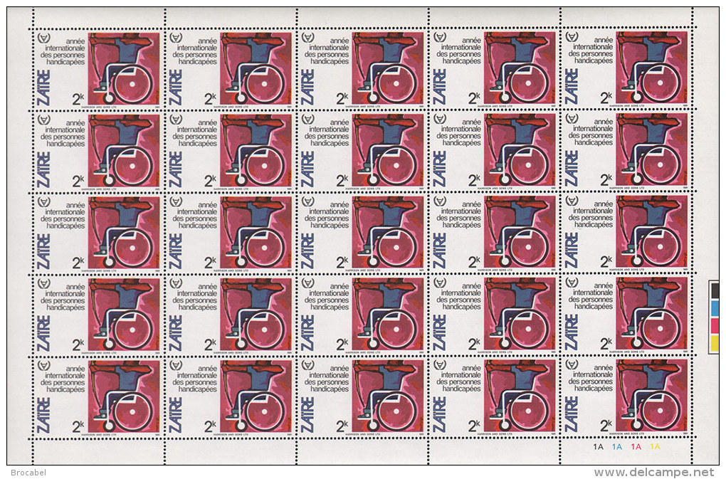 Zaire 1110** 2K  Année Des Handicapés - Feuille / Sheet De 25  MNH - Nuevos