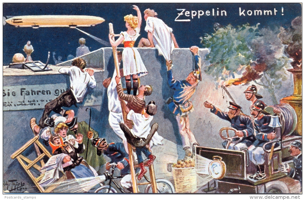 Der Zeppelin Kommt, Scherz-AK, Sign. Arthur Thiele - Thiele, Arthur