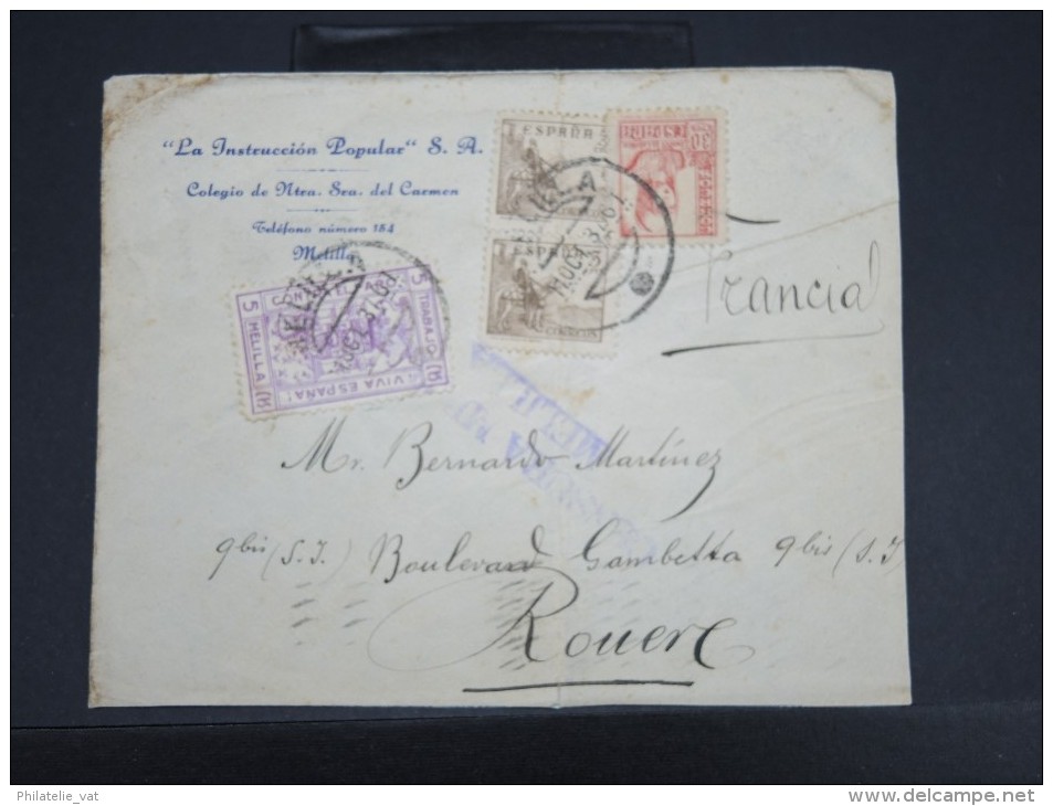 ESPAGNE- LETTRE DE MELILLA AVEC CENSURE POUR LA FRANCE 1937 AVEC CENSURE  A ETUDIER FORTEMENT    LOT P2354 - Republikeinse Censuur