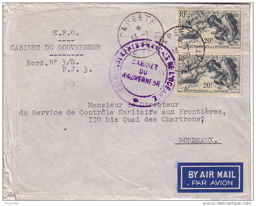 TAHITI - PAPEETE - ENVELOPPE DU CABINET DU GOUVERNEUR - LETTRE POUR LA FRANCE LE 13-1-1950.. - Lettres & Documents