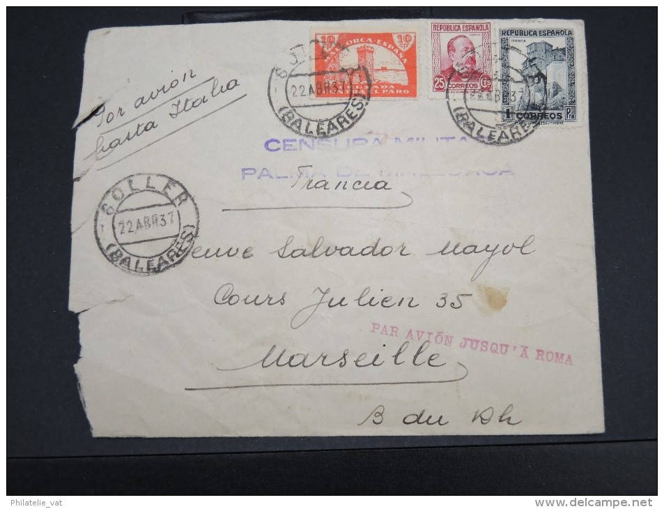 ESPAGNE- LETTRE DE SOLLER POUR LA FRANCE1937 AVEC CENSURE + GRIFFE PAR AVION JUSQU A ROME AFF PLAISANT A VOIR  LOT P2373 - Republikeinse Censuur