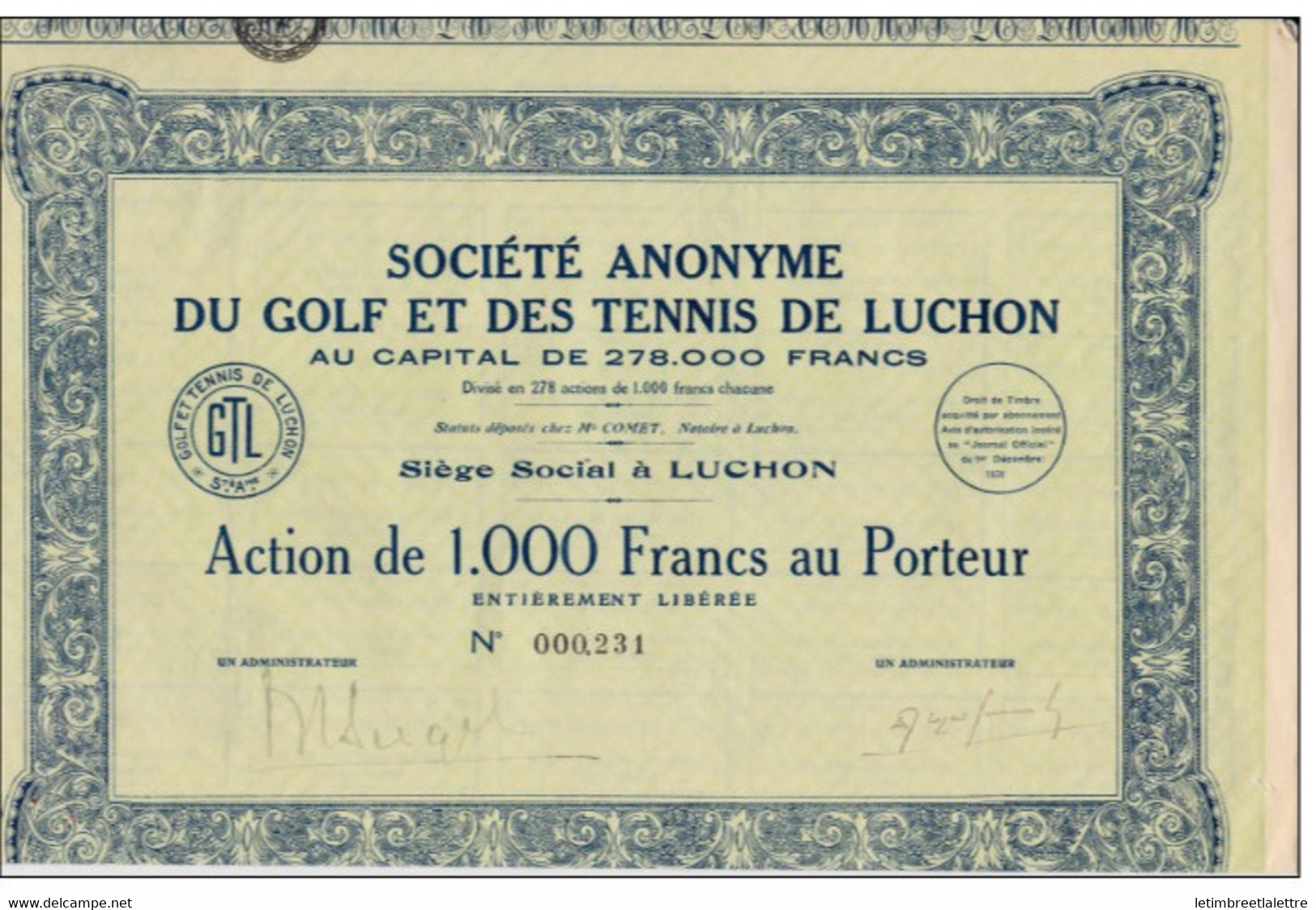 ⭐S.A Du Golf Et Des Tennis De Luchon - Action Numéroté 000,231 ⭐ - Deportes