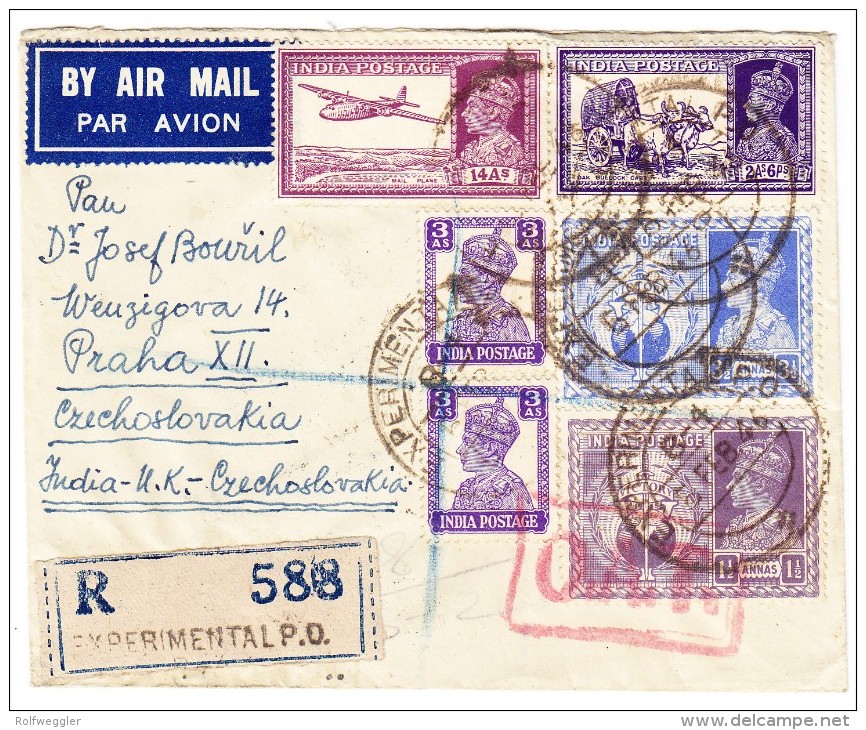 Indien 5.2.1946 Experimental P.O. Flugpost R-Brief O.A.T. Nach Praha Tschekoslowakei - Poste Aérienne