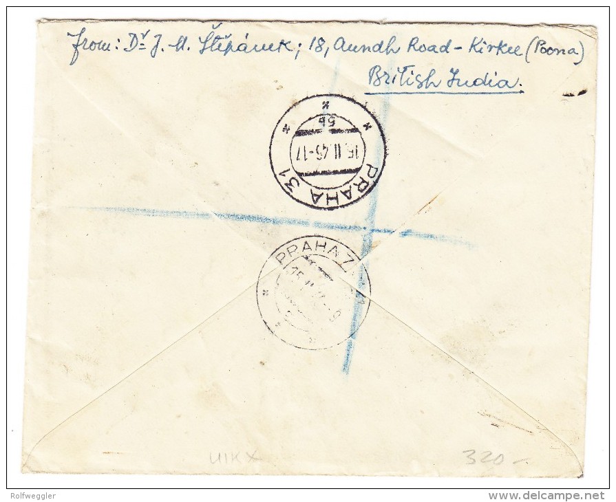 Indien 5.2.1946 Experimental P.O. Flugpost R-Brief O.A.T. Nach Praha Tschekoslowakei - Airmail