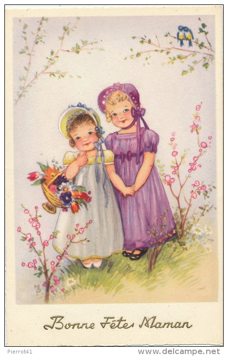 ENFANTS - LITTLE GIRL - MAEDCHEN - Jolie Carte Fantaisie Fillettes Fleurs "Bonne Fête Maman" Signée HP - HANNES PETERSEN - Petersen, Hannes