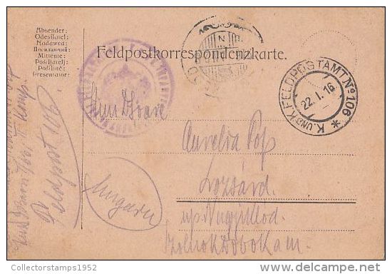 14127- WARFIELD POSTCARD, CAMP NR 106, INFANTRY BATTALION 1/63, CENSORED, 1916, HUNGARY - Covers & Documents