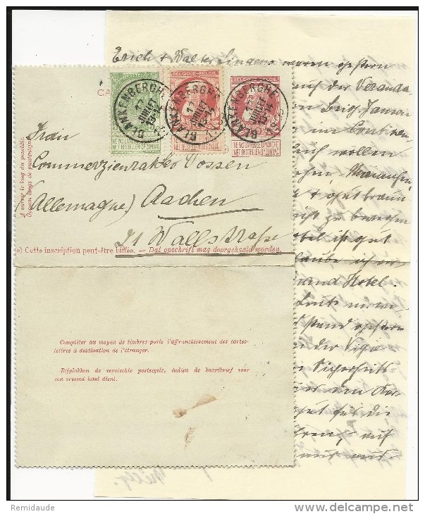 BELGIQUE - 1905 - CARTE-LETTRE ENTIER De BLANKENBERGHE Pour AACHEN - Letter-Cards