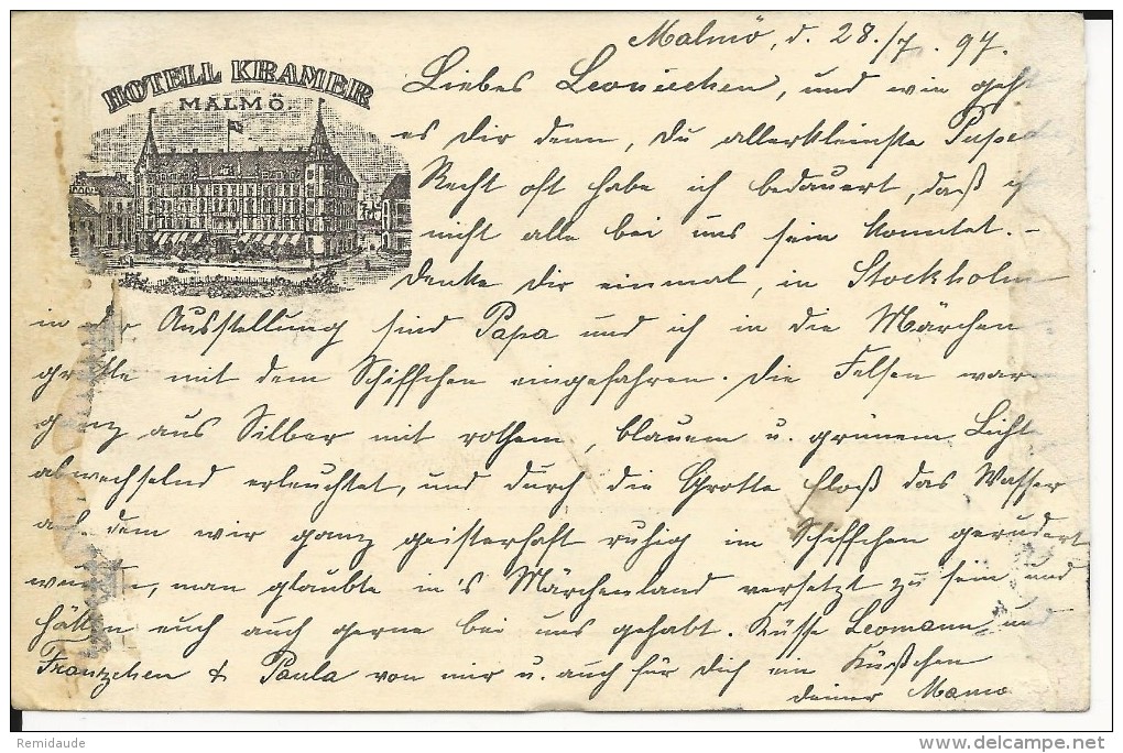 SUEDE - 1897 - CARTE ENTIER Avec RARE REPIQUAGE Au DOS HOTEL KRAMER De MALMÖ Avec CACHET MARITIME Pour AACHEN - Brieven En Documenten