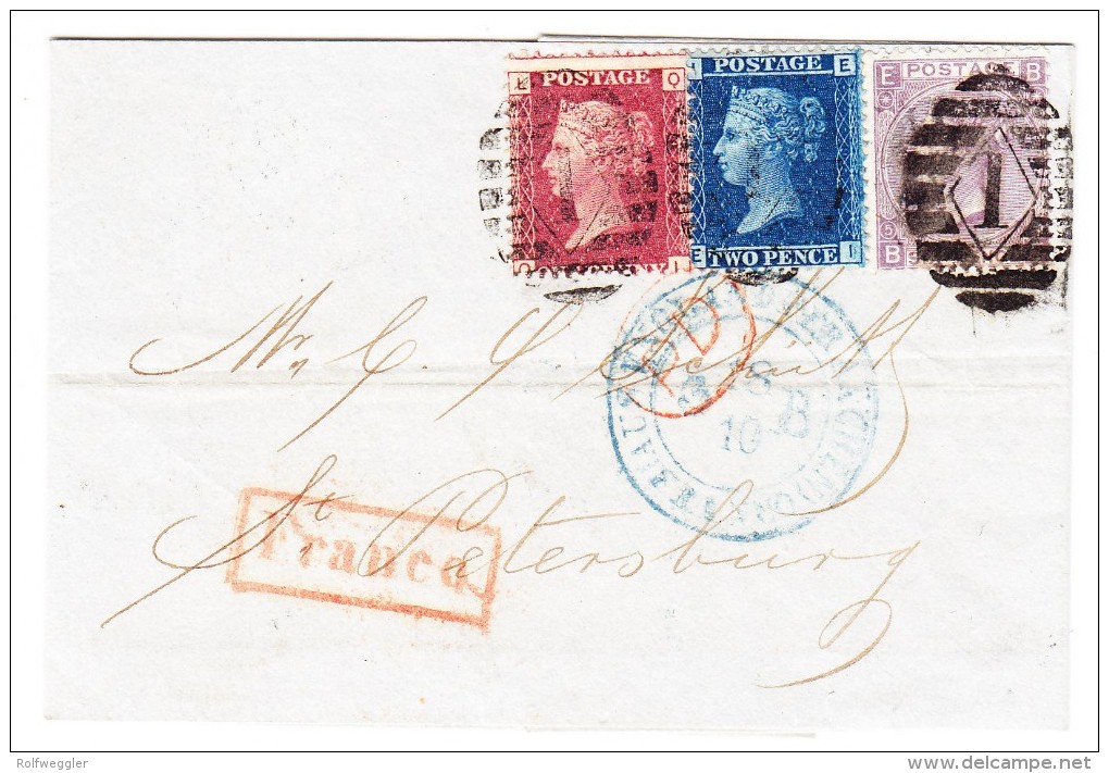 GB - 1866 Brief Ohnen Inhalt Von London Nach St. Petersburg 3 Farbenfrankatur - Covers & Documents