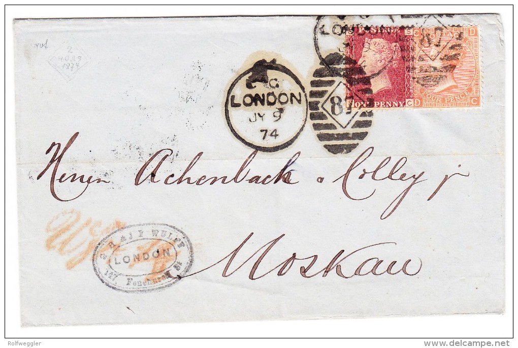 GB - 1874 Brief Ohnen Inhalt Von London Nach Moskau Mischfrankatur Mixed Franking - Covers & Documents