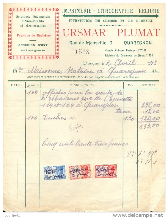 Faktuur Facture - Imprimerie Ursmar Plumat - Quaregnon 1943 - Drukkerij & Papieren