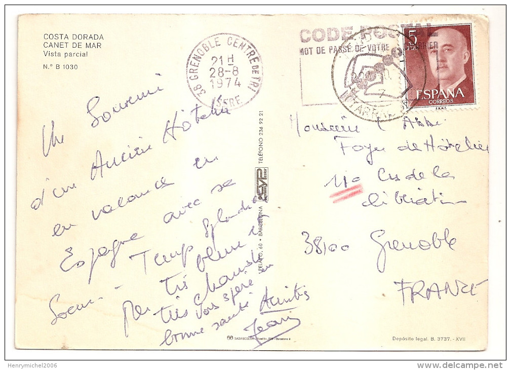 Marcophilie- Cachet Poste Grenoble 1974 Sur Timbre Espana Franco - 1961-....