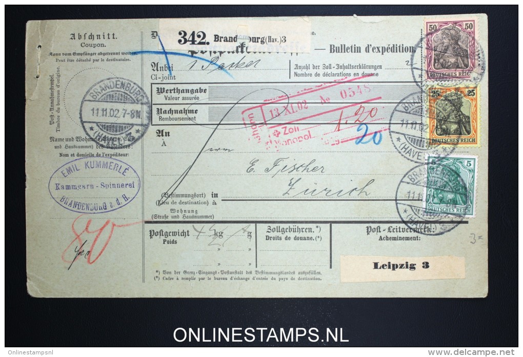 Germany    Paketkarte  Brandenburg   -&gt; Zürich  1902 - Briefe U. Dokumente