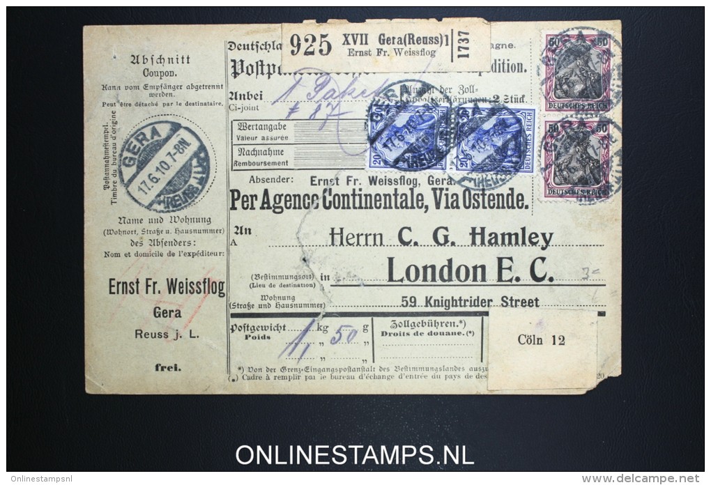 Germany    Paketkarte Gera To London 1910 - Briefe U. Dokumente