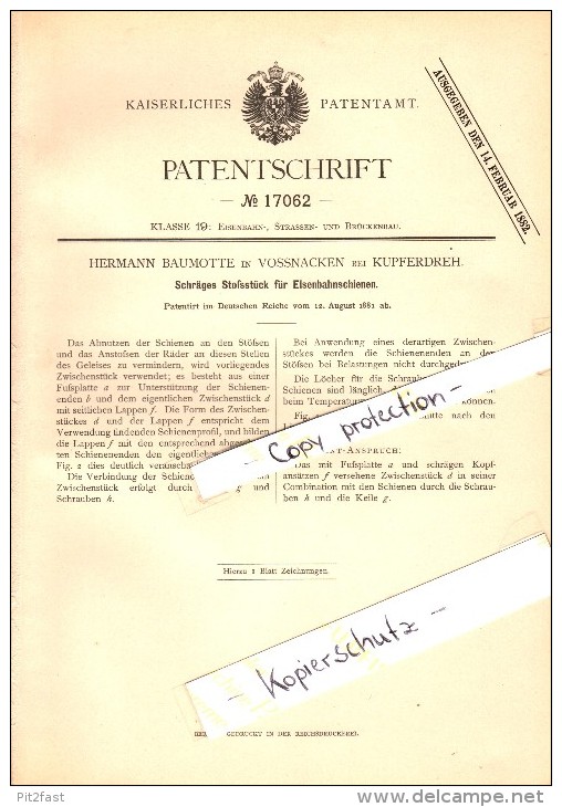 Original Patent -  H. Baumotte In Voßnacken B. Velbert , 1881 , Schienenverbindung Für Eisenbahn , Kupferdreh !!! - Velbert