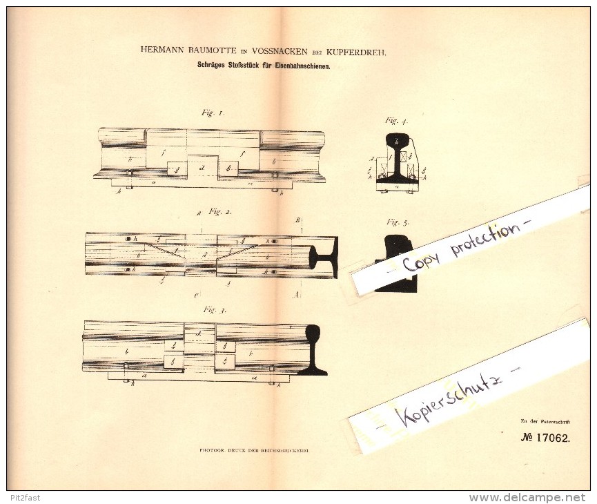 Original Patent -  H. Baumotte In Voßnacken B. Velbert , 1881 , Schienenverbindung Für Eisenbahn , Kupferdreh !!! - Velbert