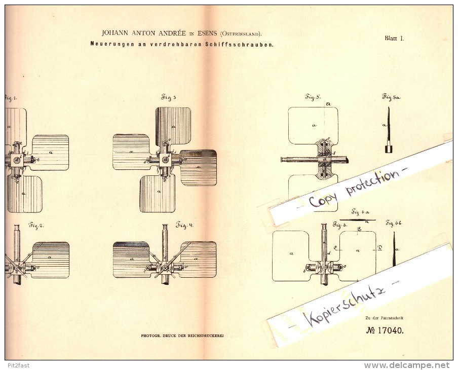 Original Patent - Johann Anton Andrée In Esens , 1881 , Verdrehbare Schiffsschrauben , Schiff , Schiffbau !!! - Esens