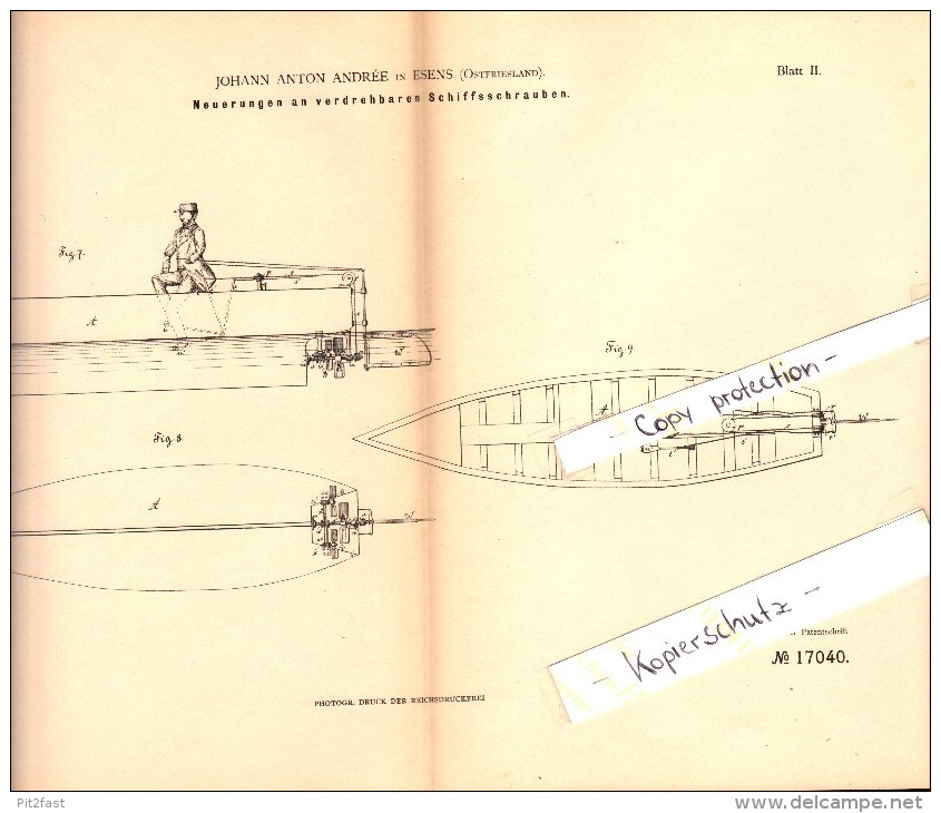 Original Patent - Johann Anton Andrée In Esens , 1881 , Verdrehbare Schiffsschrauben , Schiff , Schiffbau !!! - Esens