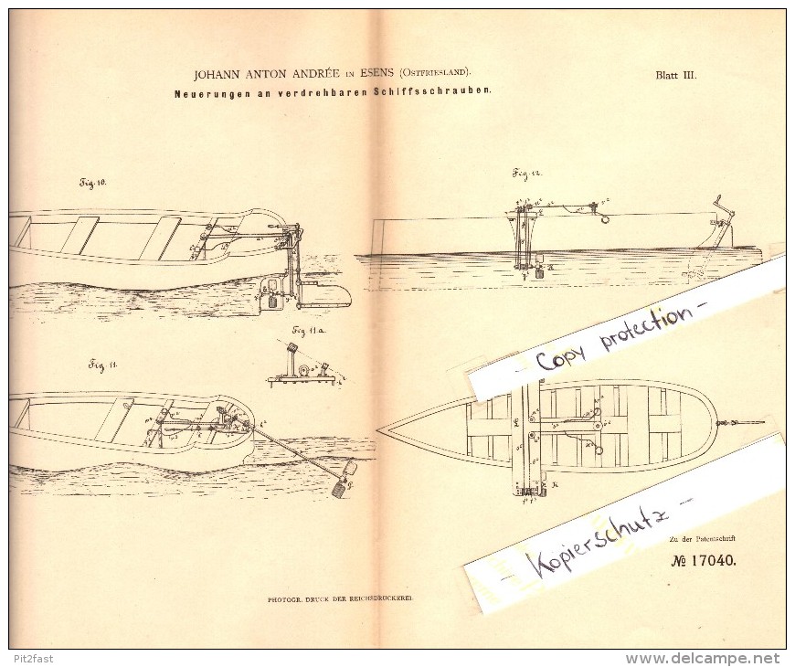 Original Patent - Johann Anton Andrée In Esens , 1881 , Verdrehbare Schiffsschrauben , Schiff , Schiffbau !!! - Esens