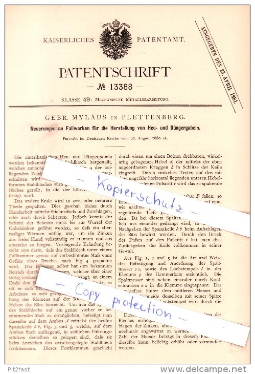 Original Patent - Gebr. Myläus In Plettenberg , 1880 , Herstellung Von Heu- Und Düngergabeln !!! - Plettenberg