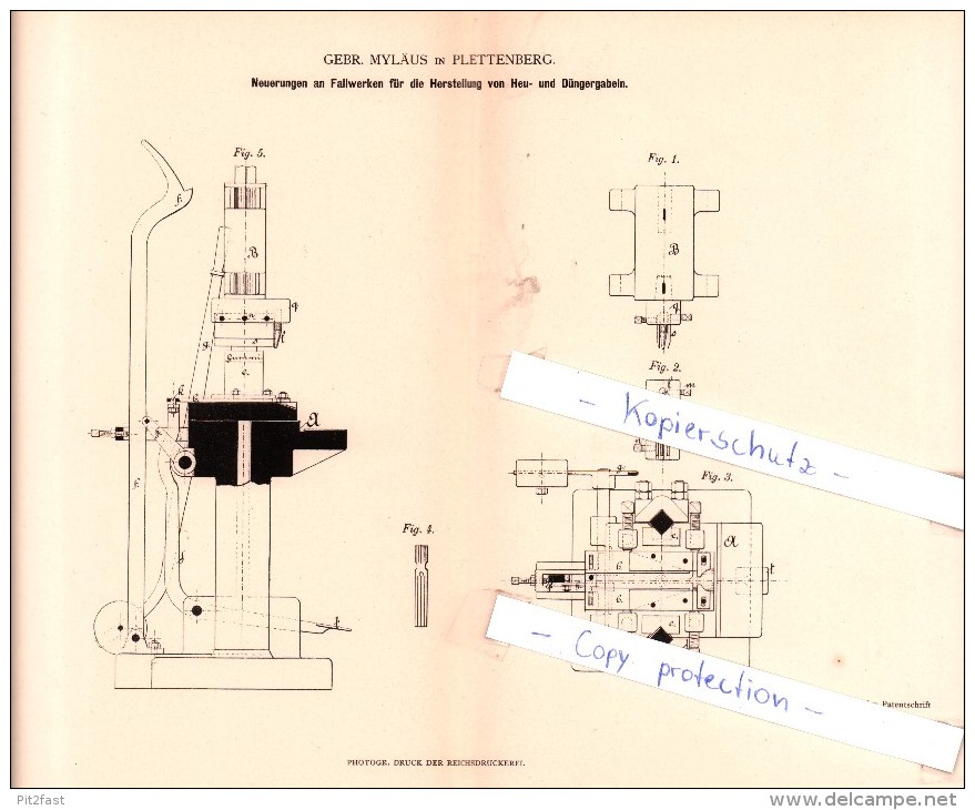 Original Patent - Gebr. Myläus In Plettenberg , 1880 , Herstellung Von Heu- Und Düngergabeln !!! - Plettenberg