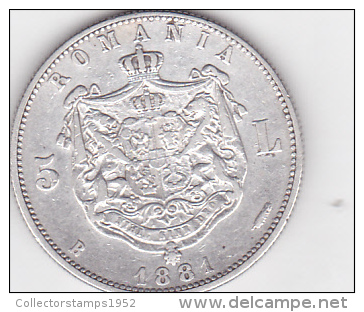 5963A  Coin - Kingdom Of Romania - 5 Lei 1881 - Carol I - Thin "G" In "Rege"/King - Silver - Rare - Mintage 570000 - Roumanie