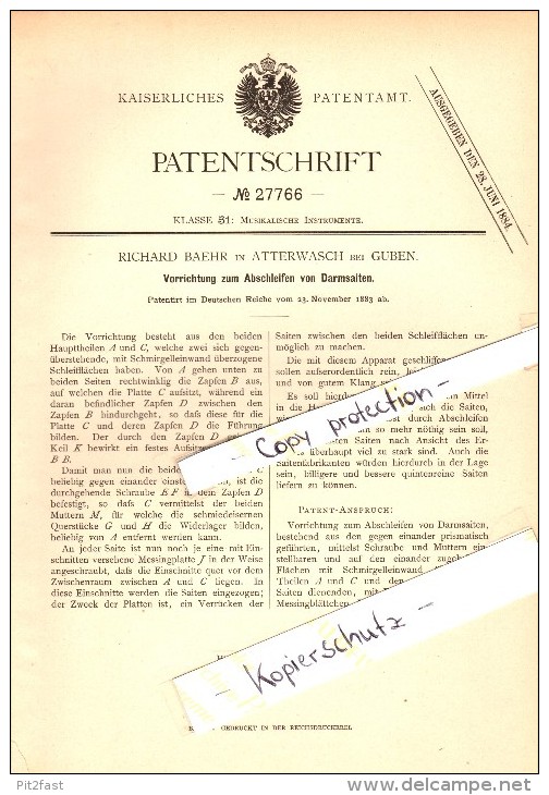 Original Patent - Richard Baehr In Atterwasch B. Schenkendöbern , 1883 , Apparat Für Darmsaiten , Musik , Guben !!! - Schenkendoebern