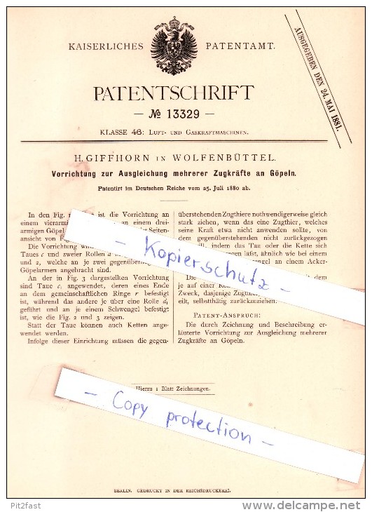 Original Patent - H. Giffhorn In Wolfenbüttel , 1880 , Ausgleichung Mehrerer Zugkräfte  !!! - Wolfenbuettel