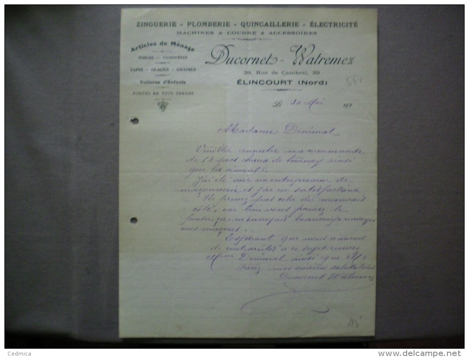 ELINCOURT NORD DUCORNET-WATREMEZ ZINGUERIE PLOMBERIE QUINCAILLERIE ELECTRICITE 39 RUE DE CAMBRAI COURRIER DE 192 - 1900 – 1949