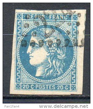 FRANCE - 1870-71 - Emission De Bordeaux - N° 46A - 20 C. Bleu (Report 1) (Oblitération : Losange Gros Chiffres) - 1870 Bordeaux Printing