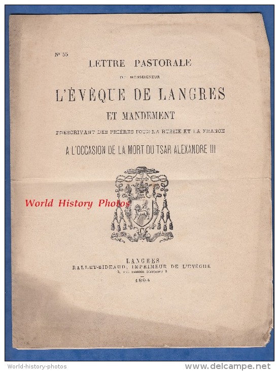 Document Ancien De 1894 - Lettre Pastorale De Mgr L'Eveque De LANGRES - Priéres Pour La Russie Mort Du Tsar Alexandre 3 - Documents Historiques