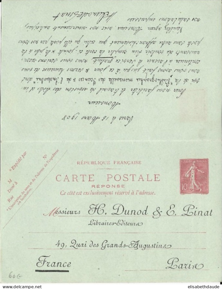 SEMEUSE - 1908 - CARTE ENTIER POSTAL Avec REPONSE PAYEE + RARE REPIQUAGE De PARIS Pour AACHEN - Bijgewerkte Postkaarten  (voor 1995)