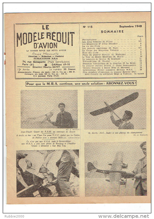 LE MODELE REDUIT D AVION 1948 LES MINUSCULES PLANS DU PLANEUR SARCELLE PLANEUR SCOLAIRE PELERIN LES MOTEURS AMERICAINS - France