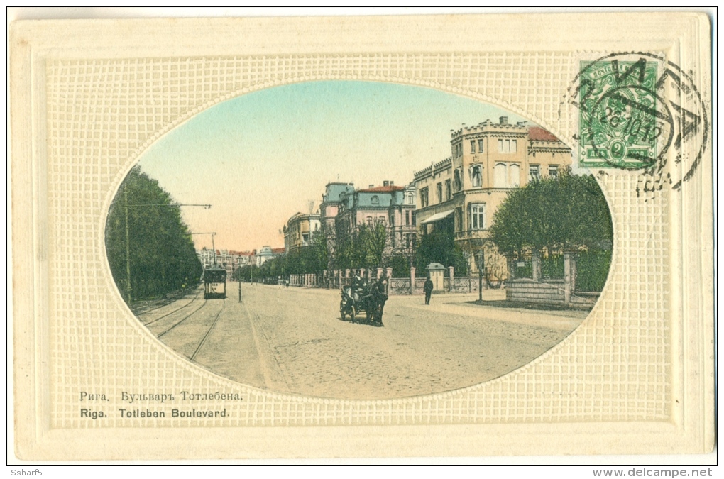 RIGA Totleben Boulevard With Tram And Horse Carriage Color Card Ferd. Ernst Jodehl Sent 1912 To Denmark - Letland