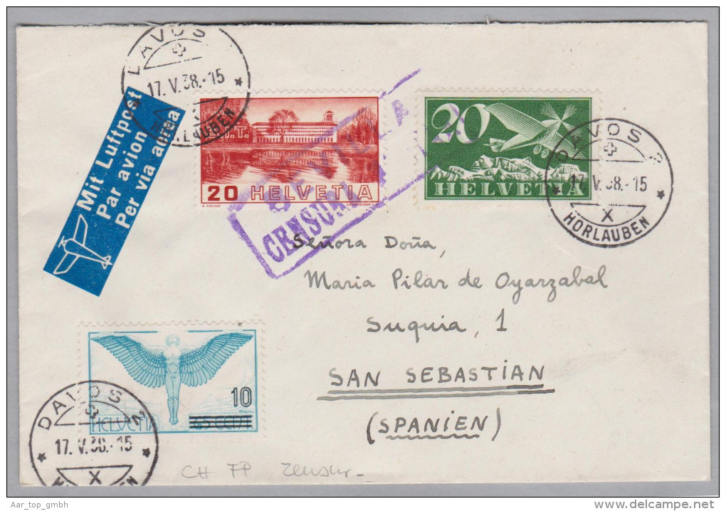 Schweiz Flugpost 1938-05-17 Davos 2 Luftpost Zensur Brief Nach San Sebastian Spanien - Premiers Vols