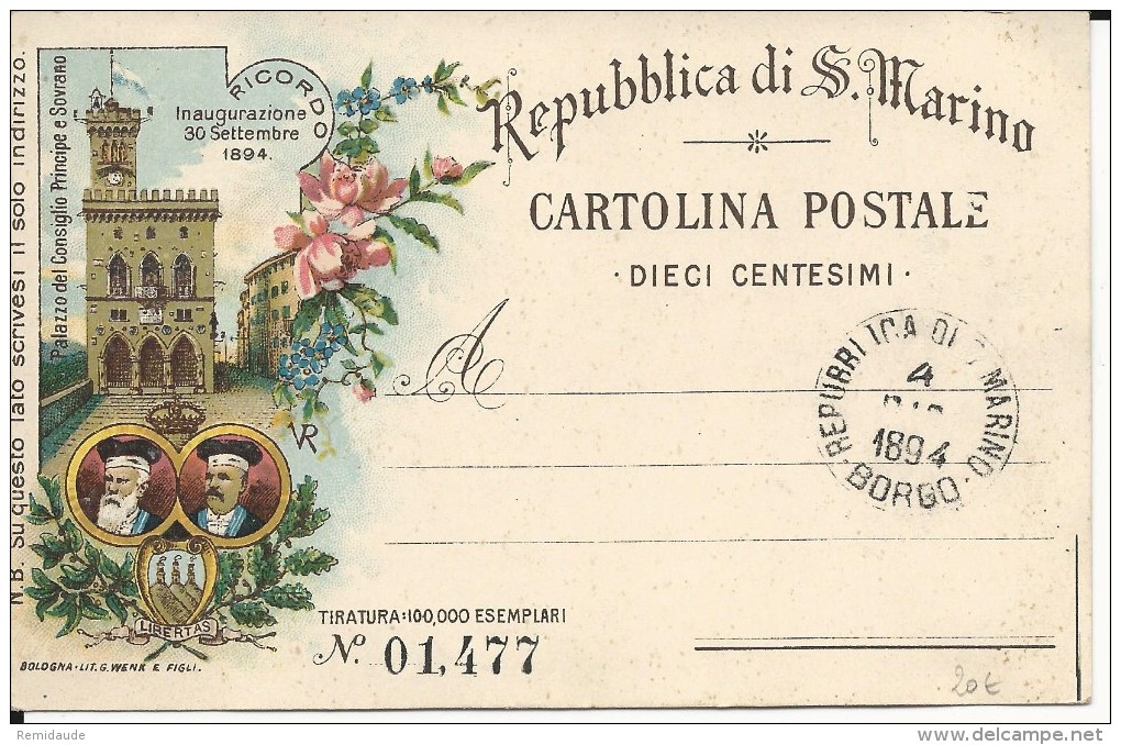 SAN MARINO - 1894 - CARTE ENTIER POSTAL - Ganzsachen