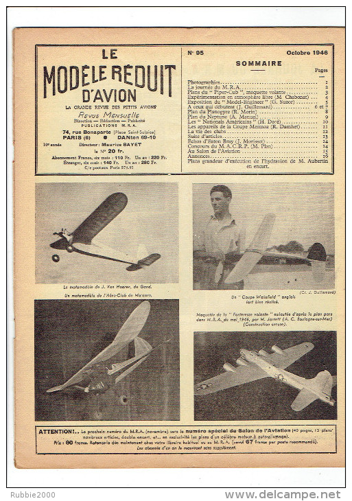 LE MODELE REDUIT D AVION 1946 PLANS DU PIPER CLUB DU PLANOGYRE DU NEPTUNE ET DE L HYDRAVION D AUBERTIN - Frankrijk