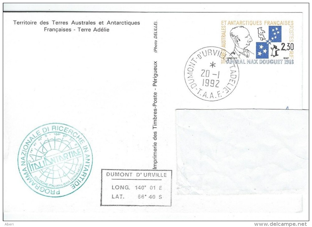 11124  PAP  EXPEDITION ITALIENNE En ANTARTIQUE - DUMONT D'URVILLE - TERRE ADELIE - 1992 - Interi Postali