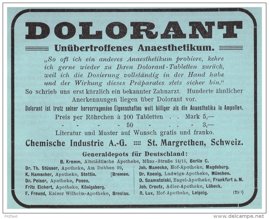 Original Werbung - 1913 - Dolorant , St. Margrethen , Schweiz , Zahnarzt , Stomatologe , Zähne , Dental !!! - Sonstige & Ohne Zuordnung