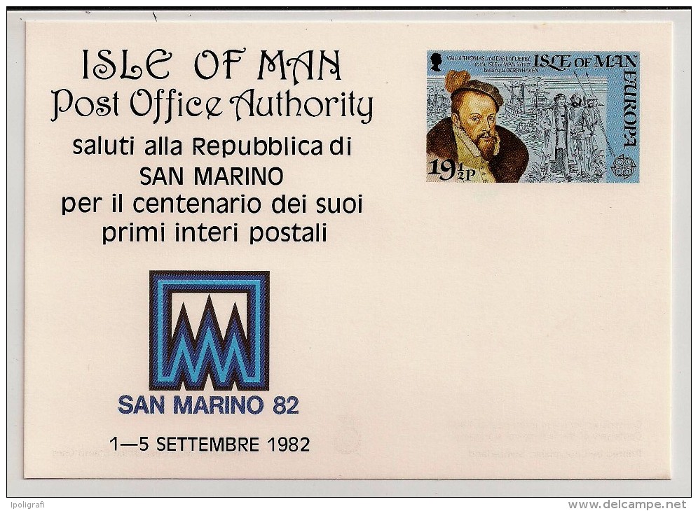 Isle Of Man, 1982, 2 Postal Cards, Visit Of Thomas 2nd Earl Of Derby, San Marino 82, 19 1/2p, New And Spec. Cancellation - Isola Di Man