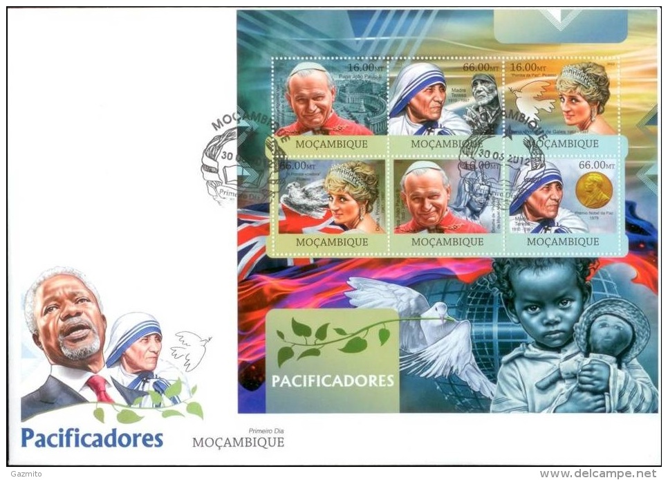 Mozambico 2012, Peacemaker, Pope Diana, M. Teresa, 6val In BF In FDC - Mère Teresa