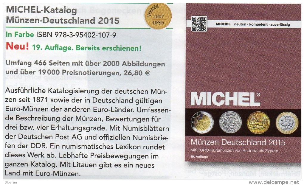 MICHEL Münzen Deutschland 2015 Neu 27€ D DR Ab 1871 III.Reich BRD Berlin DDR Numismatik Coin Catalogue 978-3-95402-107-9 - Autres – Europe