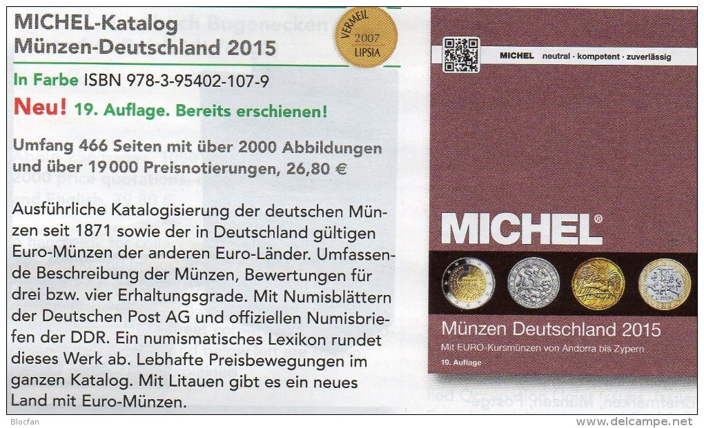 MICHEL Münzen Deutschland 2015 Neu 27€ D DR Ab 1871 III.Reich BRD Berlin DDR Numismatik Coin Catalogue 978-3-95402-107-9 - Andere - Europa