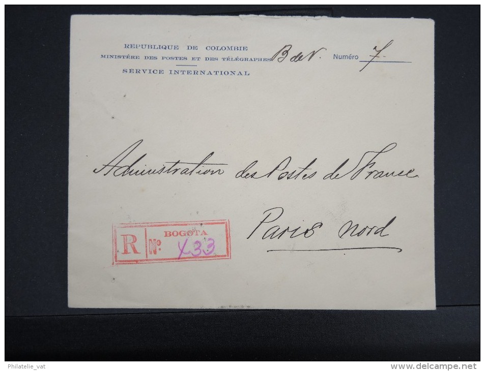 COLOMBIE - LETTRE EN RECOMMANDEE EN FRANCHISE DU MINISTERE DES POSTES POUR PARIS ADMINISTRATION 1939POUR ETUDE LOT P2427 - Colombie