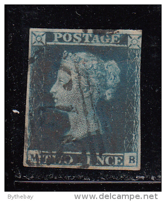 Great Britain Used Scott #4 2p Victoria Position ´MB´ 1844 Type Cancel - Close Margins Variety: Guideline Through Value - Usati