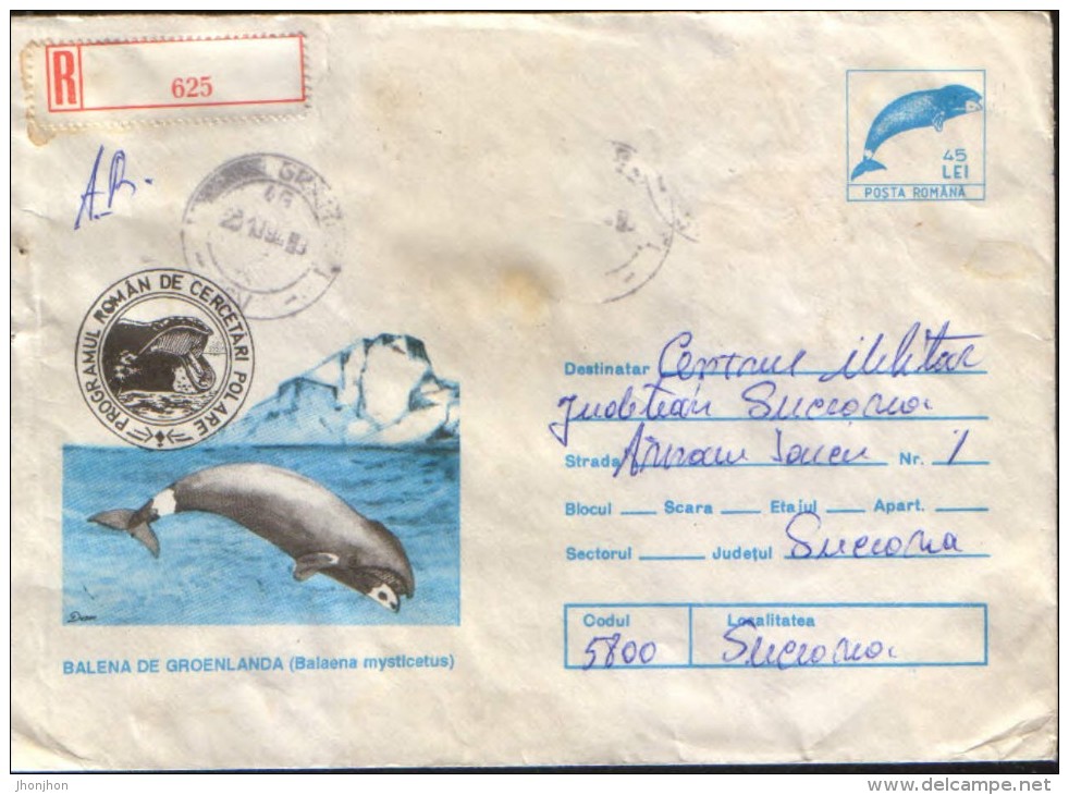 Romania - Stationery Cover 1994 Used - Marine Mammals - Greenland Whale ( Balaena Mysticetus ) - Baleines