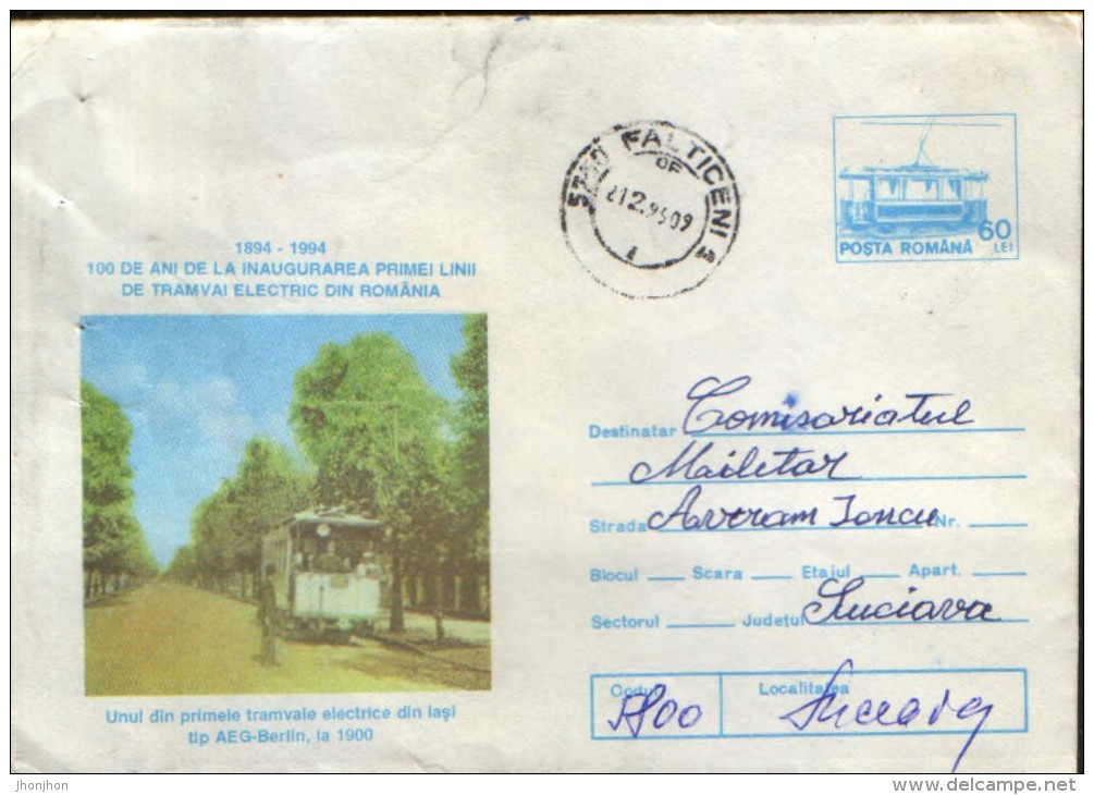 Romania - Postal Stationery Cover 1994 Used - Tramways,tram - One Of The First Electric Trams In Iasi In 1900 - Tramways