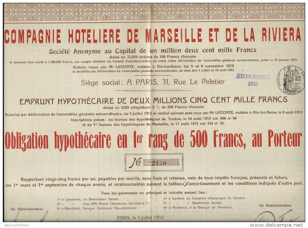 C. HOTELIERE DE MARSEILLE ET DE LA RIVIERA . 500FR - Toerisme